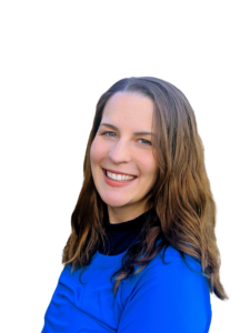 A headshot of a white woman with brown hair in a blue top